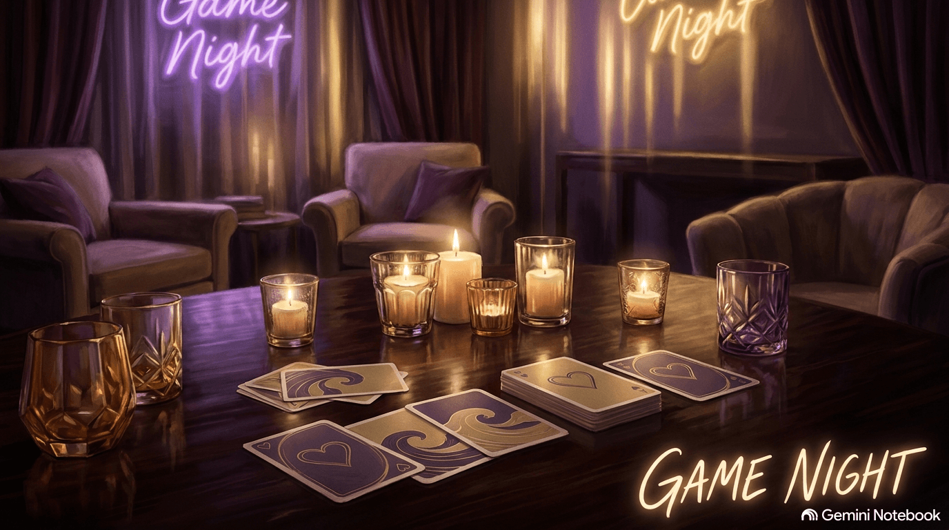 Ilustração sobre jogos sexuais em grupo com cartas e iluminação ambiente para guia de relacionamento